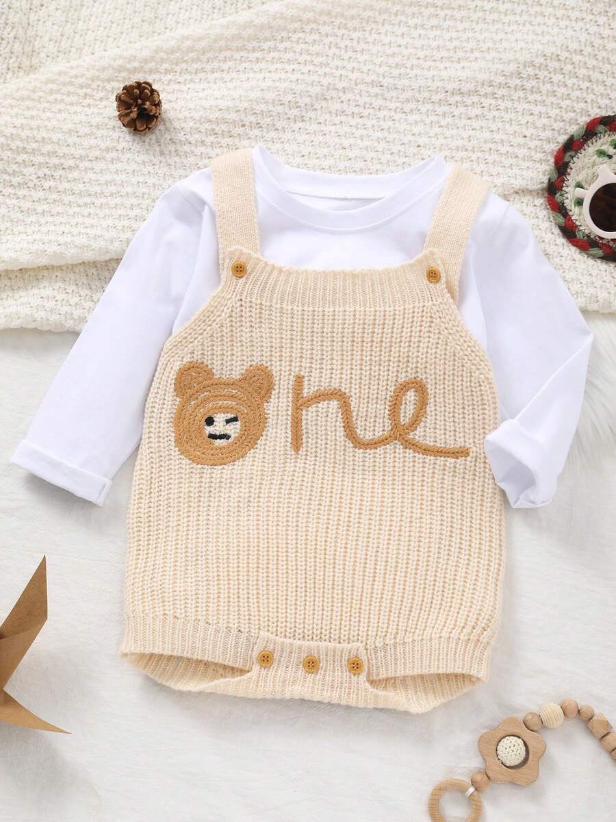 Infant Minimalist Bear "One" Letter Embroidery Knit Suspender Romper, Casual Versatile, Suitable For Daily Wear - Apricot - View 1