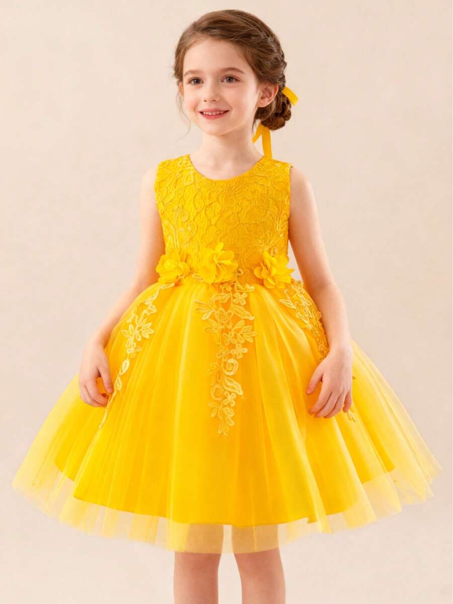 Robe mi-longue blanche élégante pour fille, en dentelle brodée, sans manches. Convient pour demoiselle d'honneur, mariage, fête, anniversaire, danse classique