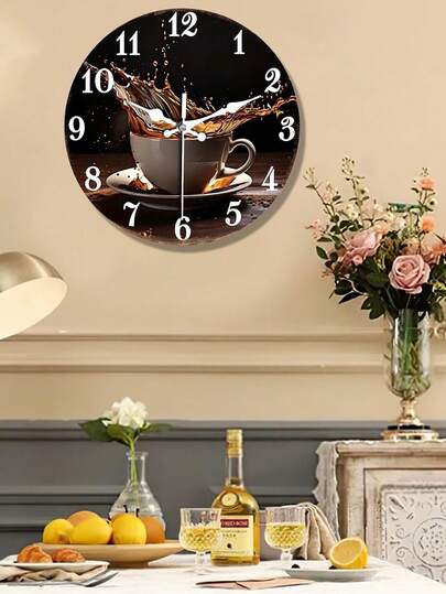 10/12 Inch Noiseless Wooden Coffee Splash Wall Clock, Easy To Read, Battery Operated, Suitable For Living Room, Kitchen, Cafe, Home Office Decor (Batteries Not Included)