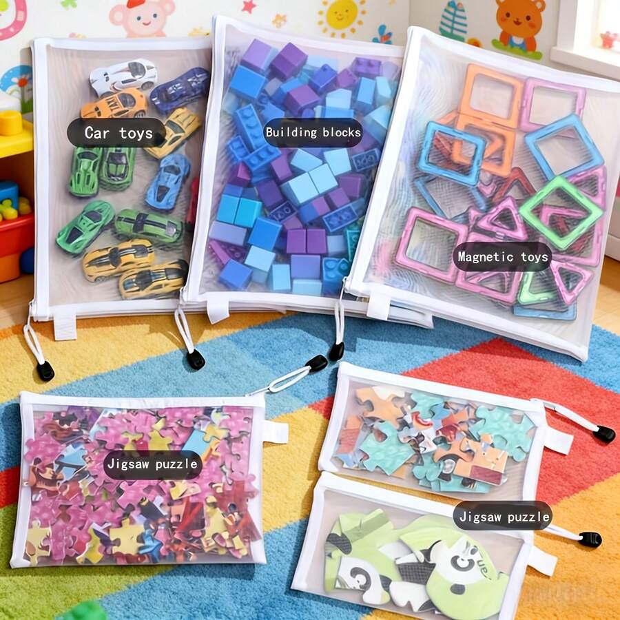10 pièces Sacs à fermeture éclair en maille transparente - 3 tailles de sacs de rangement en maille plastique avec fermetures éclair sécurisées, convenant aux jouets, aux voyages, aux fournitures de bureau et aux puzzles - Sacs à fermeture éclair réutilisables, sacs de rangement de voyage, sacs fourre-tout pour jouets, avec fermetures éclair robustes - Sacs de rangement transparents et anti-poussière pour les voyages, les documents de bureau, les jouets et les puzzles, avec fermeture à cordon pour une organisation facile - Multicolore - Voir 1