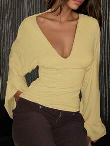 Elegant Deep V-Neck Long Sleeve Knit Sweater Top For Women, Soft & Stretchy, Regular Length, Yellow - Yellow - View 4