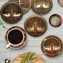 8pcs Life Tree Pattern Wooden Coasters, 10cm Size, Heat Resistant, Colorful Design, Suitable For Beverages, Tea, Coffee, Home & Restaurant Decor, Ideal Gift, Hand Wash - Multicolor - View 4