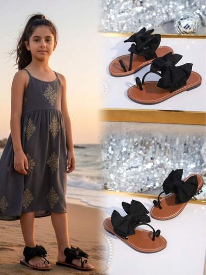 黑色加大码女童平底拖鞋，柔软面料蝴蝶结装饰，露趾套脚设计，圆头柔软防滑时尚可爱沙滩拖鞋，适合3-12岁女童学生日常休闲穿着，春夏新款