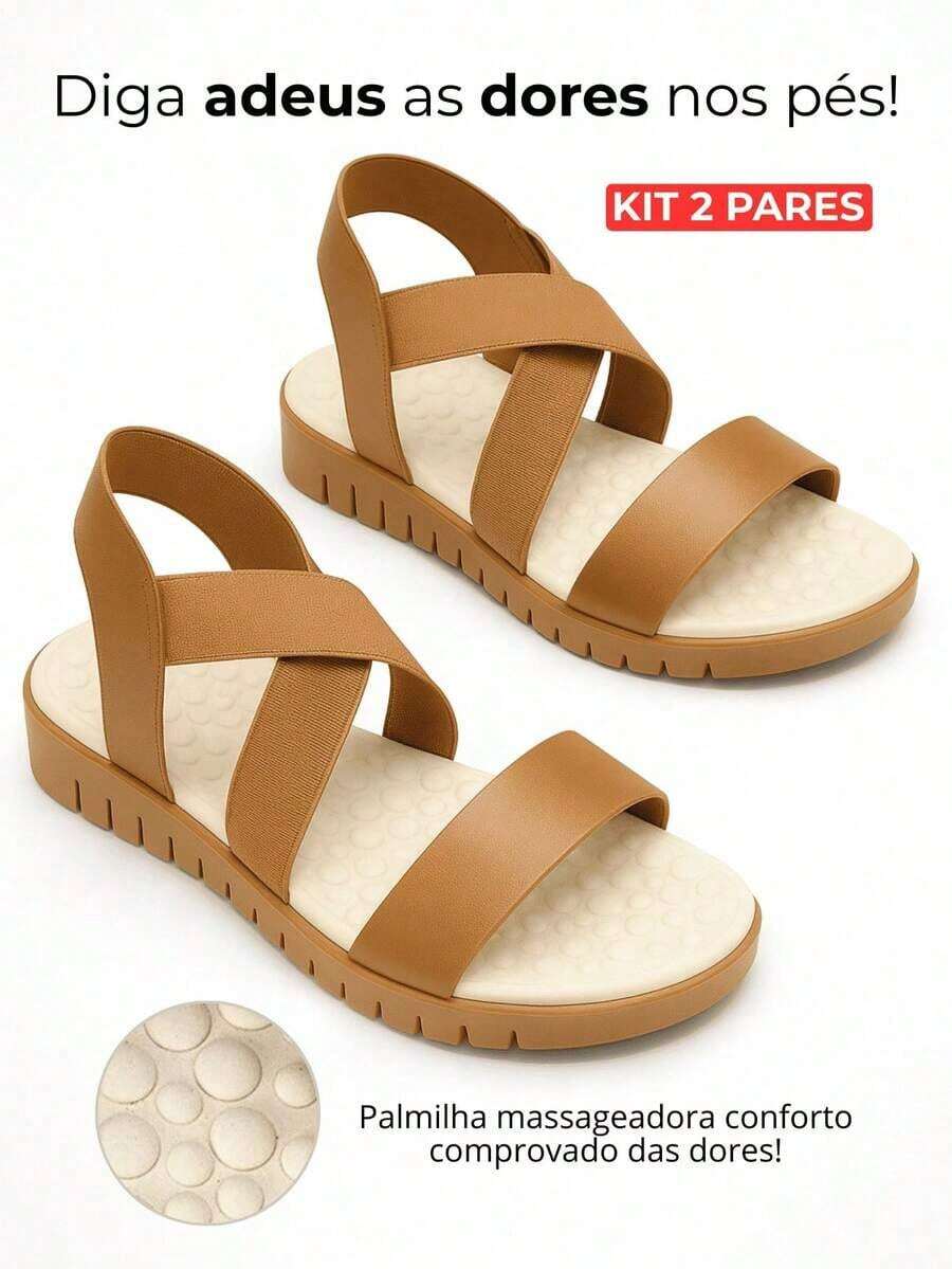Kit 2 Pares Sandália Feminina Confortável Ortopédica Massageadora Papete Para Esporão Anatômica Leve Macia - Caramelo - Visão 1