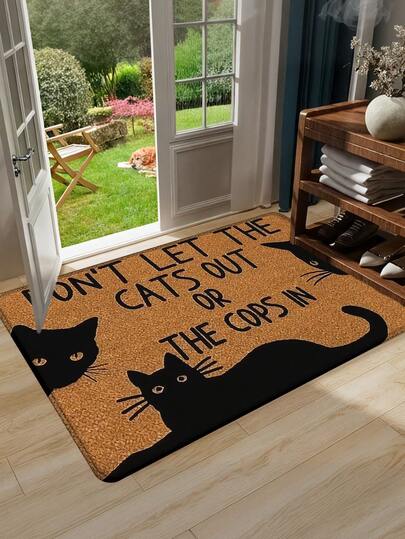 1pc Black Cat Funny Warning Doormat, Easy To Clean Entrance Decor Carpet, Wipe Dirt And Dust Front Door Mat, Entrance Welcome Rug, Enhance Artistic Sense Of Space. Doormat, Entryway Carpet, Floor Mat, Living Room Carpet, Bedroom Decor, Bathroom Rug, Machine Washable