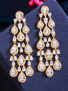 一对奢华镀金长款水滴流苏耳环，巴西风格婚礼耳环，立方氧化锆首饰配饰，适合订婚、婚礼、派对、舞会、伴娘礼物 - 1 pair earrings - 查看 5