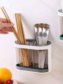 1pc Household Chopstick Holder, Dual Compartment Drainable Chopstick Box, Kitchen Luxury Wall-Mounted Cutlery Storage - Multicolor - View 3