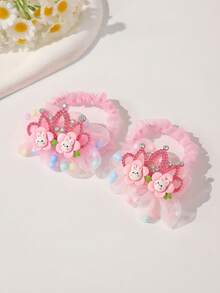 2个装 女孩可爱粉色花朵绒球发圈 - 粉色 - 查看 7