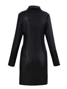 Đầm dự tiệc thanh lịch màu trơn dành cho nữ, có cúc cài phía trước, thích hợp mặc công sở. - màu đen - Xem 5