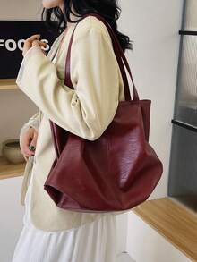 1 chiếc túi đeo vai cỡ lớn bằng da mềm kiểu cổ điển dành cho nữ, túi xách công sở, túi đeo chéo tay phù hợp cho mua sắm, dạo phố, du lịch. - Màu Đỏ Sâu - Xem 7