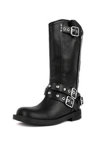 Women's Punk Mid Calf Boots Chunky Low Heel Riding Boots Platform Moto Boots Round Toe Wide Calf Motorcycle Boots For Women With Buckles Wide Calf Pull On Biker Boots - 黑色 - 查看 6