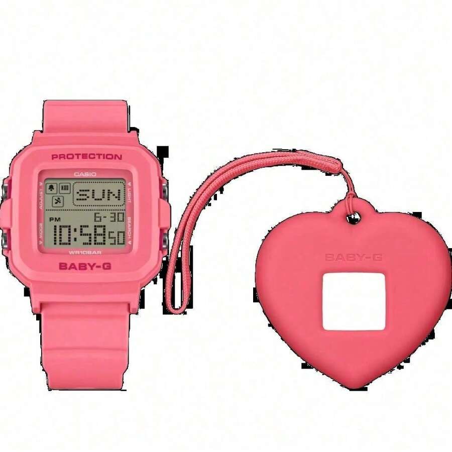 Casio 卡西欧 Baby-G 女士电子表礼盒套装 - 哑光玫红色树脂表带，100米防水防震复古方形手表，配心形硅胶表壳/挂饰，LED背光，闹钟和秒表功能，是情人节、日常佩戴和送礼的理想之选。 - 均碼 - 查看 1