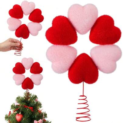 Valentine's Day Tree Topper Decoration Plush Heart Tree Top Hat With Spring Base For Holiday Party Decor
