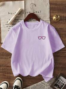 1 pieza Camiseta de manga corta con estampado de conejo soplando burbujas para niñas, nueva camiseta de verano suave y casual de cuello redondo, cómoda y transpirable para uso diario y vacaciones - Morado - Ver 5