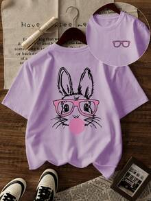 1 pieza Camiseta de manga corta con estampado de conejo soplando burbujas para niñas, nueva camiseta de verano suave y casual de cuello redondo, cómoda y transpirable para uso diario y vacaciones - Morado - Ver 4