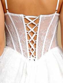 Women's Autumn White Bridal Gown, Multi-Layered Ruffle A-Line Bridesmaid Dress, Solid Color Elegant Wedding Mother's Outfit With Pearl Embroidery & Back Tie Design | Spaghetti Strap Maxi Dress, Suitable For Halloween, Homecoming, Prom, Wedding Guest Attire, Formal Occasions | Exquisite Craftsmanship, Party - White - View 11