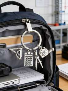 1pc Cute Stationery Charms Keychain Ruler Compass Calculator Tape Measure Key Ring - Silver - View 1