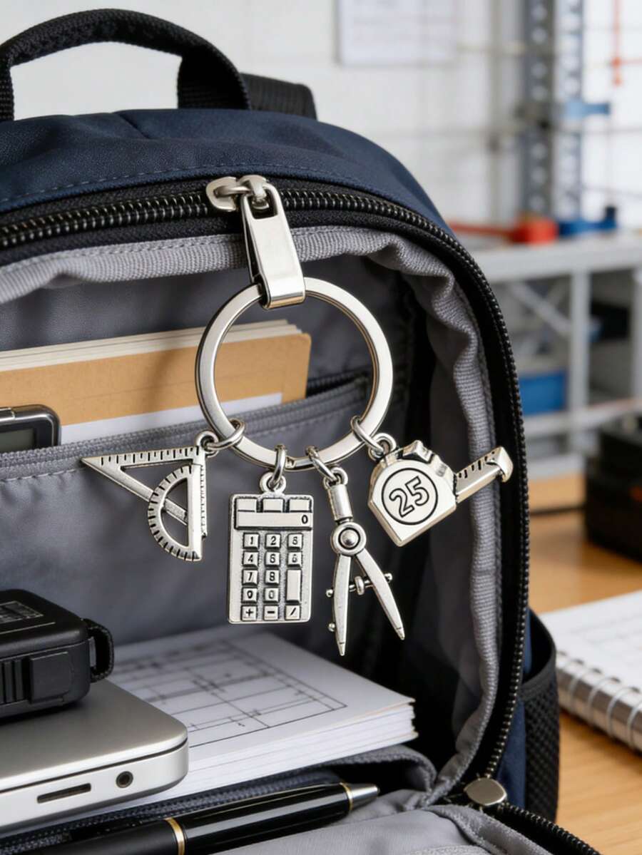 1pc Cute Stationery Charms Keychain Ruler Compass Calculator Tape Measure Key Ring - Silver - View 1