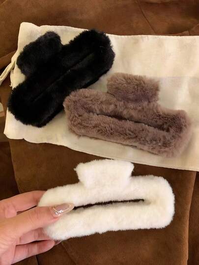 3pcs/1pc Women 4.96in/12.6cm Black, White, Brown Rectangular Fuzzy Minimalist Barrettes, Elegant, Versatile, Suitable For Daily, Casual, Party, Commute, Vacation, Hair Styling, Makeup, Outfit Accessory