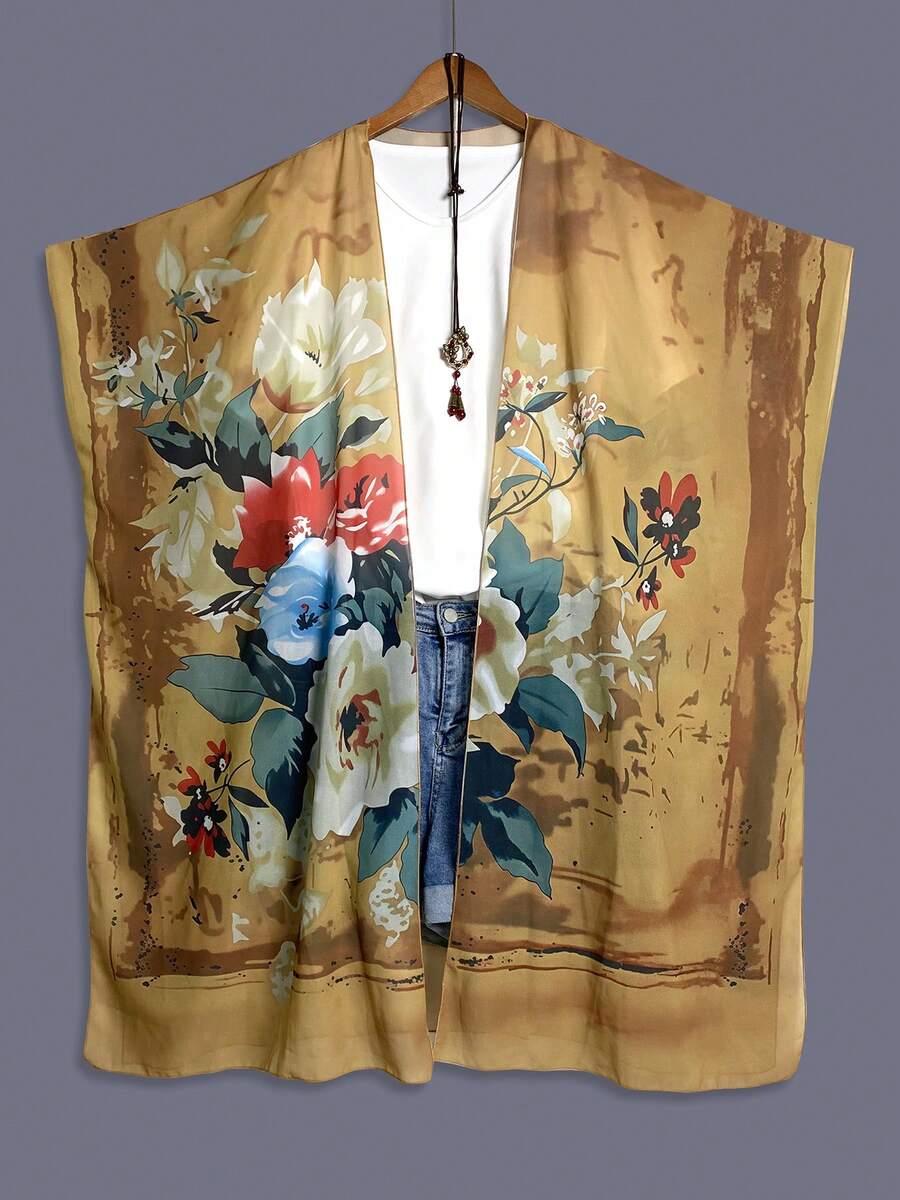 Elegant Summer Floral Print Chiffon Bohemian Style Kimono Cover Up, Beach Travel Holiday Women Cover Up Long Robe Shawl Beach Sun Protection Cover Up Vacation - Khaki - View 1