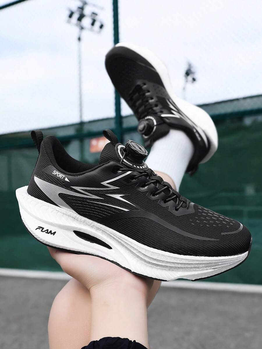 Teenagers' New Running Shoes With Rotary Buckle, Convenient & Comfortable Sports Running Shoes, Casual Shoes For Marathon Competition - Black - View 1