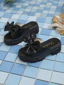 1 Pair Black Butterfly Decor PU Round Toe Slip-On Mules, Thick Platform Sole Design, Suitable For Girls Aged 6-15 For Casual, Walking, Beach, Daily Wear, 2026 Spring/Summer New - Black - View 8