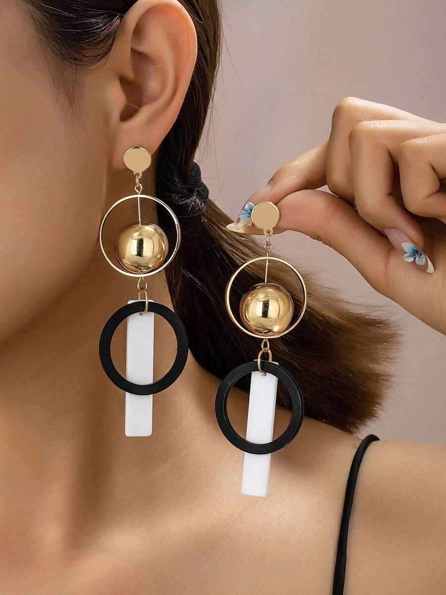 2件套简约独特设计夸张几何长耳环，时尚百搭，适合女性日常佩戴 - 彩色 - 查看 1