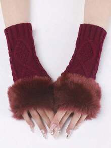 1 Pair Women's White Short Knitted Fingerless Gloves With Fur Edge, Autumn & Winter Warm Fashionable Arm Warmers - màu đen - Xem 5