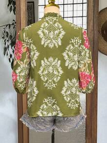 Women's Spring/Summer Vacation Outfit: White Floral Print Blouse With Contrasting Floral Cuffs And V-Neck Design - Green - View 4