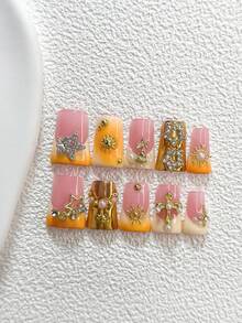 10pcs/Set Cute & Stylish Girl Style Nail Art Kit, Includes Acrylic Nail Stickers, Gold Hollow Pentagram Pendant, Diamond Studded Cross, Sun, Star, Rose Nail Decorations, Orange-Yellow Tone Nail Art, White Nail Polish, Ideal Gift For Women & Girls Nails - 彩色 - 查看 13