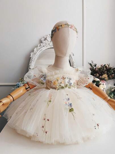 Vestido elegante de princesa para niña con mangas de pétalos bordados, espalda hueca y malla, adecuado para fiestas de cumpleaños infantiles, niña de las flores, bodas, banquetes y celebraciones
