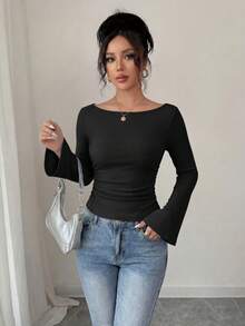 Women's Spring Fall Long Sleeve Shirts Crop Going Out Tops Casual Boat Neck Bell Sleeve Ribbed Ruched Y2K Clothes - Black - View 8