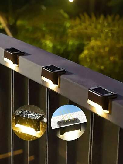 4 sztuki zewnętrznych solarnych lamp schodowych na taras, wodoodporna lampa solarna IP65, solarna lampa na ogrodzenie, solarne lampy schodowe, zasilane energią słoneczną, stosowane na schodach zewnętrznych, ogrodzeniach, w ogrodach, na balkonach, podwórkach, tarasach i jako dekoracja kanałów – ciepłe białe światło LED, prezent na Święto Dziękczynienia