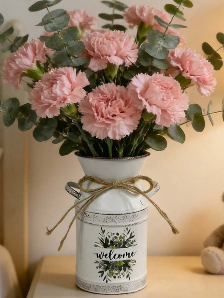 White Metal Vase. Suitable For Soft Pink Rose Bouquets; Placed On A Windowsill, It Creates A Refreshing And Healing Cozy Corner By Utilizing The Outdoor Greenery And Natural Light.