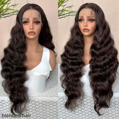 10-36英寸 180%密度 13x4 真人混纺发蕾丝前假发 自然黑色蕾丝前假发 真人混纺发预拔毛水波纹无胶假发