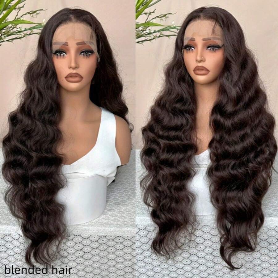 10-36英寸 180%密度 13x4 真人混纺发蕾丝前假发 自然黑色蕾丝前假发 真人混纺发预拔毛水波纹无胶假发 - 自然色&黑色系 - 查看 1