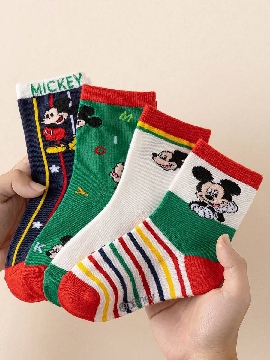 4/1 Pair Disney Mickey & Minnie Pattern Children's Mid-Calf Socks, Cute Cartoon Disney Design, Fashionable Casual Breathable Student Socks, Suitable For Daily Wear, Back To School, Holiday Gifts - Multicolor - View 1