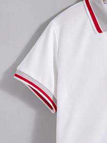 Set de 2 piezas de top de manga corta con cuello de botones y pantalones cortos de unicolor casual para niños, primavera/verano - Rojo - Ver 5