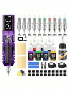 DQFART Wireless Tattoo Machine Kit, Includes 1600mAh Power Supply, LED Digital Display, Complete Tattoo Pen Set (Tattoo Needles, Tattoo Ink, Tattoo Practice Skin, Tattoo Transfer Gel) And Various Tattoo Accessories - Multicolor - View 14