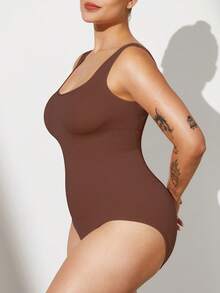 1pc Women Plus Size Seamless Bodysuit, Waist Cinching, Tummy Control, Butt Lifting - Brown - View 11