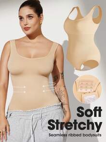 1pc Women Plus Size Seamless Bodysuit, Waist Cinching, Tummy Control, Butt Lifting - Apricot - View 5