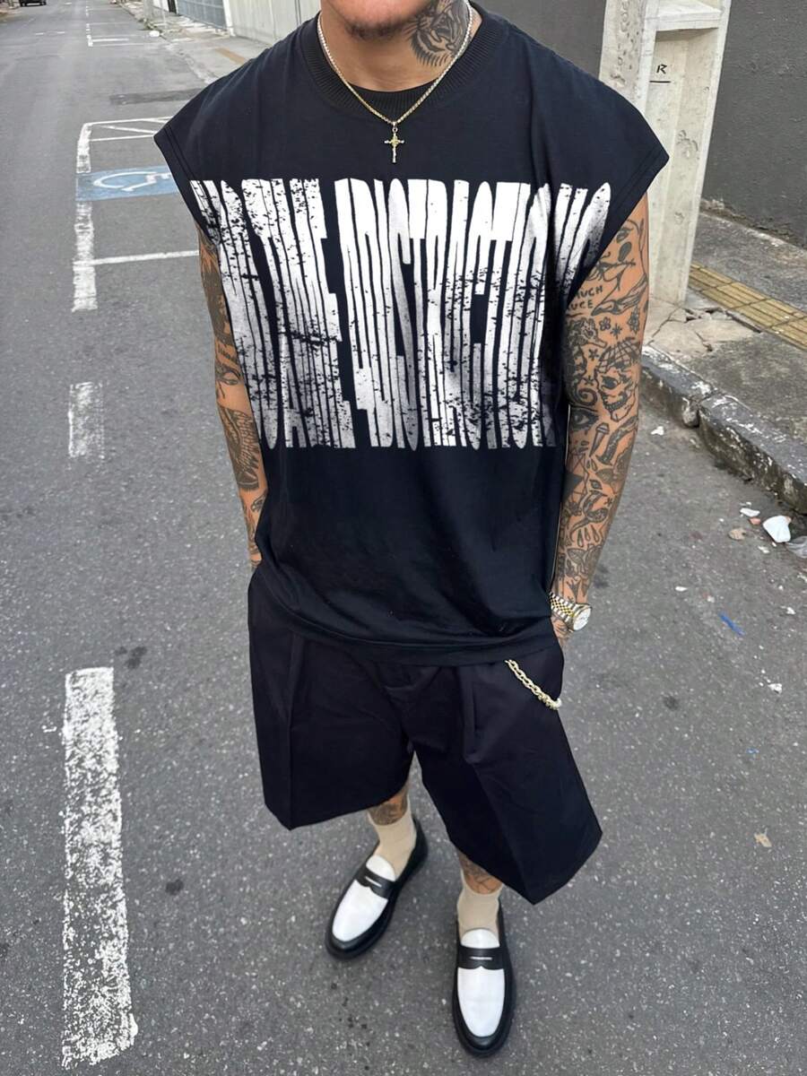 男士做旧风格背心，宽松无袖肌肉T恤，做旧白色字母图案背心，做旧街头服饰。 - 彩色 - 查看 1