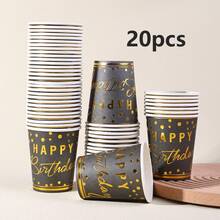 10 piezas/20 piezas/40 piezas, Vasos de papel negro y dorado de 9 onzas con diseño impreso de "Feliz Cumpleaños", vasos desechables para bebidas, aptos para bebidas calientes, fiestas de cumpleaños de hombres y mujeres, bodas, despedidas de soltera, ceremonias de graduación y otras ocasiones. - Negro - Ver 10