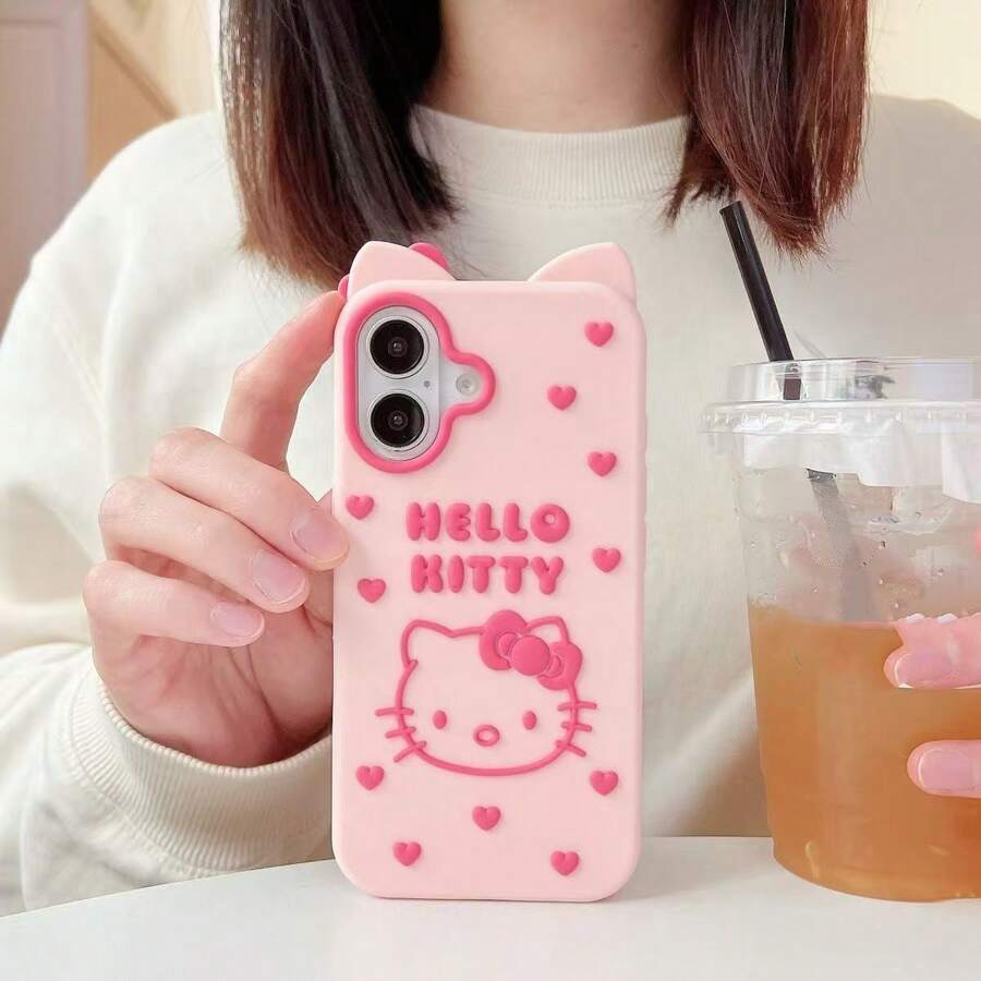 1pc Fashionable Creative Bow Heart Kitty Cat Pink Sanrio Phone Case, Silicone Waterproof Shockproof Material, Cute & Stylish, Compatible With Apple 17 Series, 11/12/12 Pro, 13/14/15, 13 Pro/14 Pro/15 Pro, 12 Pro Max/13 Pro Max/14 Pro Max/15 Pro Max, 16, 16 Pro, 16 Pro Max, 17, 17 Pro, 17 Pro Max - Pink - View 1