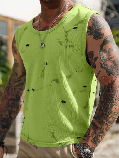 Men's Summer Mesh Breathable Fabric Tank Top, Hollow Distressed Design, Stretchy Sleeveless Vest, Suitable For Fitness, Running, Training, Outdoor Sports