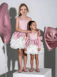 Young Girl Colorblock Bow Mesh Party Dress, Suitable For Birthday, Wedding, Flower Girl, Prom, Holiday Celebration - Pink - View 4