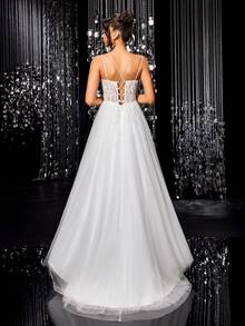 纯色串珠刺绣网纱伞裙摆露背系带婚纱 - 白色 - 查看 2