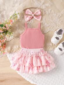 2件套女婴可爱连体衣+短裤轻薄套装，夏季 - 西瓜粉 - 查看 2