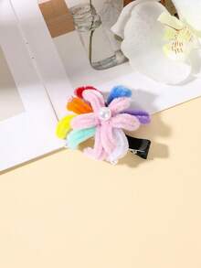 1个俏皮彩虹花朵发夹，绒球花瓣配珍珠中心，可爱日常发饰 - 彩色 - 查看 8