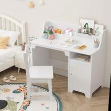 Conjunto de escritorio y silla para niños con armario, armario de almacenamiento, mesa de estudio de madera y estación de trabajo para computadora para dormitorio infantil. - Blanco - Ver 3